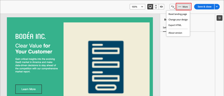 Klicka på Mer för att komma åt mallåtgärder