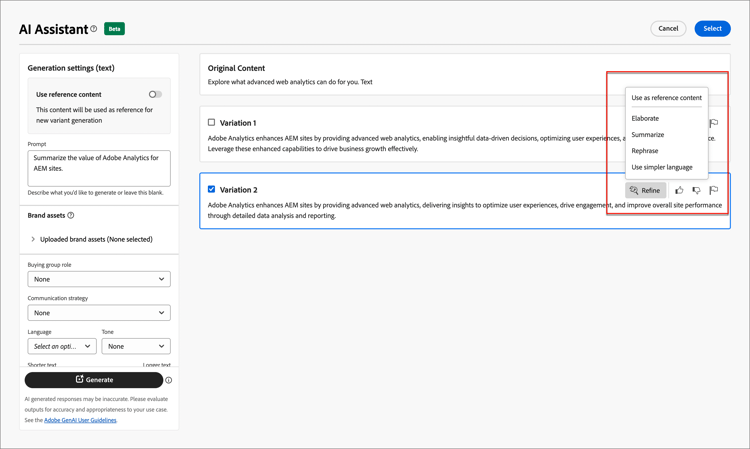 AI Assistant-förhandsgranskning av textvariationer och förfiningsalternativ