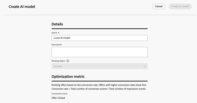 AI-modellinformation som visar namn- och beskrivningsfält
