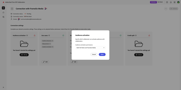 Dialogrutan Målgruppsaktivering med alternativet Spara på arbetsytan för anslutningsinställningar.