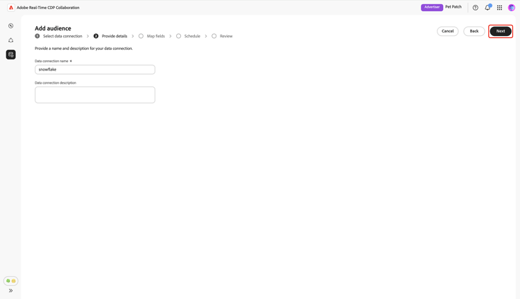 Ange information-skärmen som visar dataanslutningens namn och beskrivning med knappen Nästa markerad.