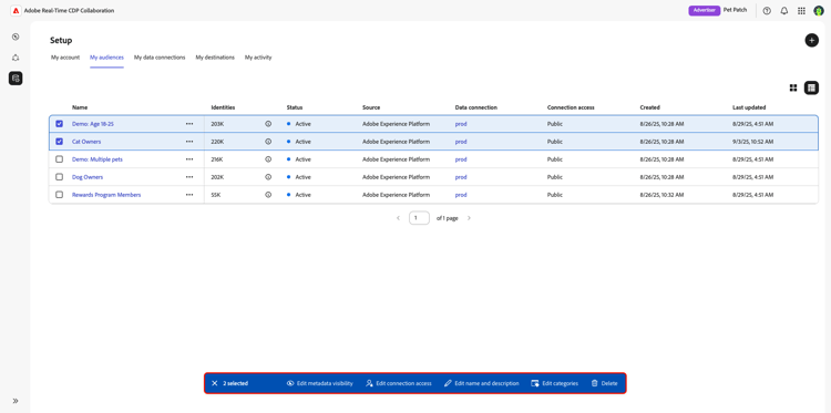 Arbetsytan Mina målgrupper med två valda målgrupper och redigeringsmenyn markerad.
