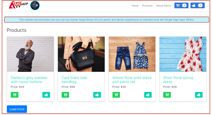 Exempelbild av ett enkelsidigt program i ett webbläsarfönster, med alla produkter synliga.