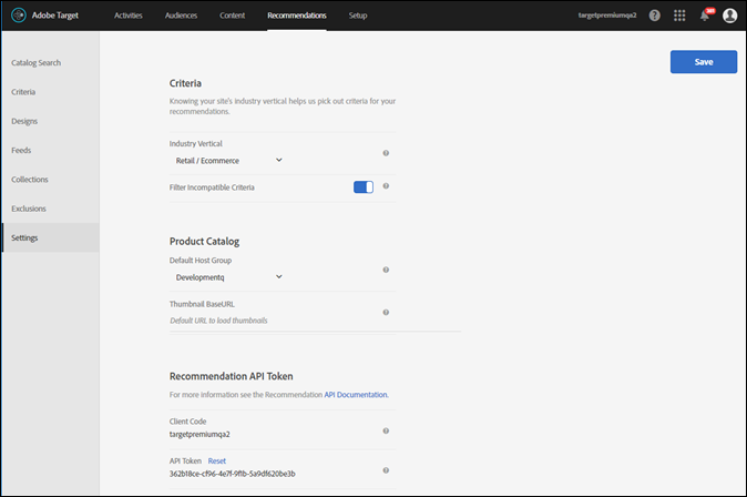 Recommendations Settings page