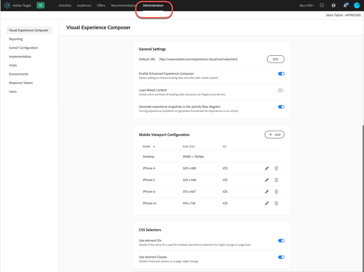 Adobe Target Administration-menyn