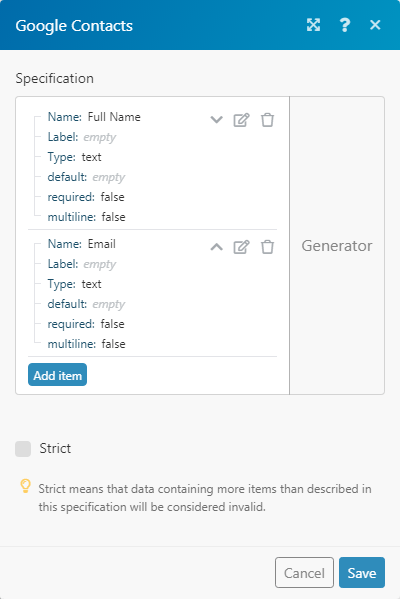 Utdata från Google Contacts