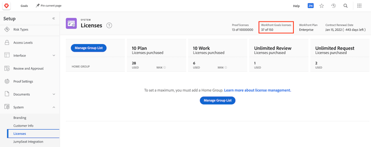 En skärmbild av antalet Workfront Goals licenser i området Inställningar i Workfront