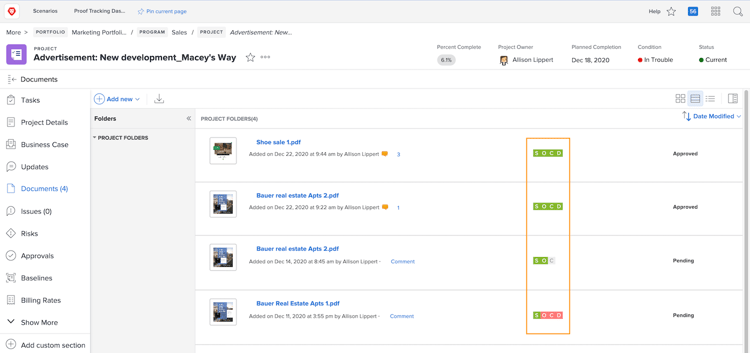 En bild av listan Dokument i ett Workfront-projekt med ikonerna SOCD markerade.