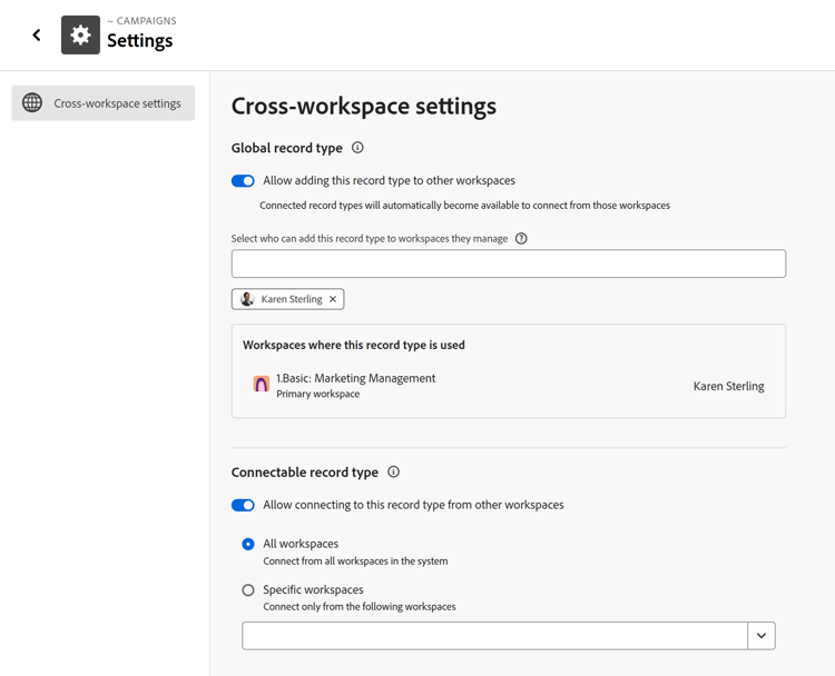 Inställningar för arbetsytan mellan arbetsytor på sidan Inställningar