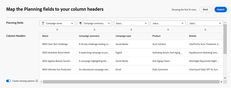 Mappa planeringsfält till kolumner vid import av poster
