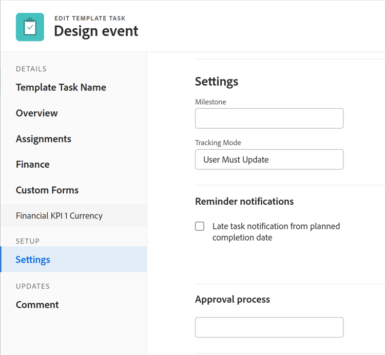 Inställningsavsnitt för redigering av malluppgift