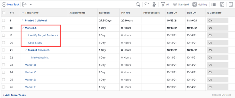 Agile project list - tasks with parent and subtasks