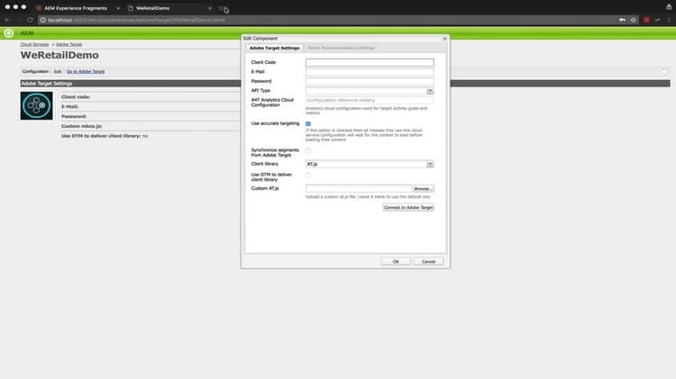Konfigurera Experience Fragments och Adobe Target Integration i AEM