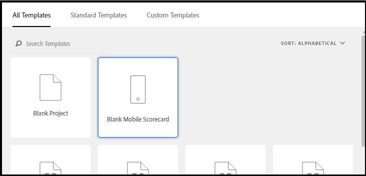 选择了空白MObile记分卡的“所有模板”窗口。