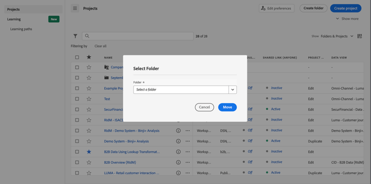 The Select Folder view showing the drop down menu and available subfolders.