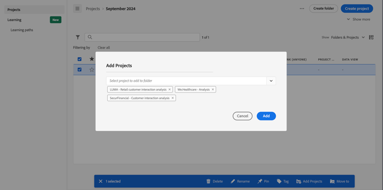 The Select Folder view showing the drop down menu and available subfolders.