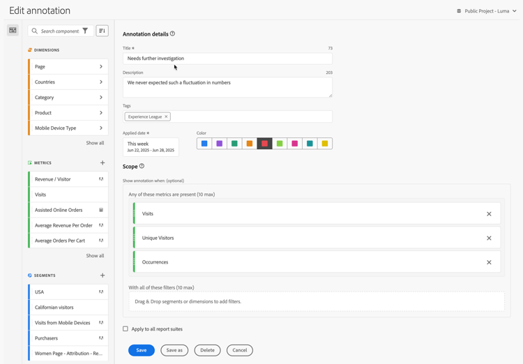 Annotation details window showing fields and options described in the next section.