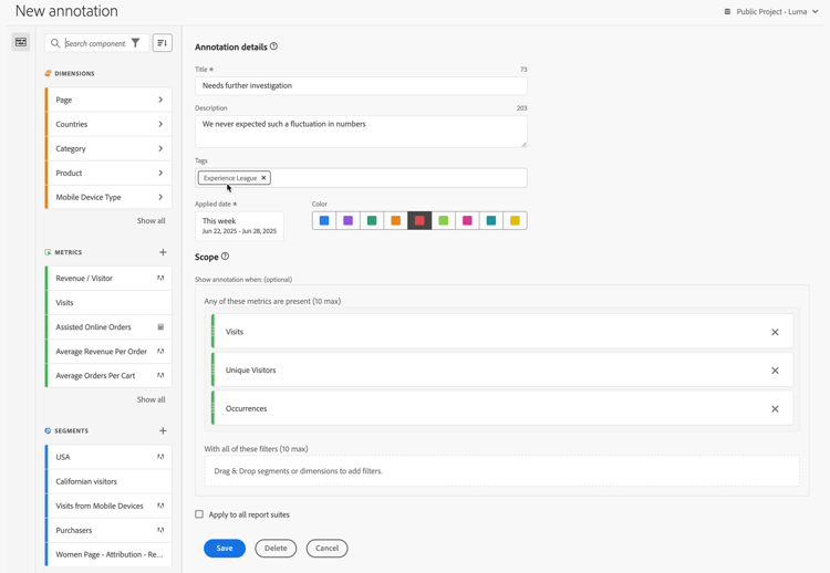 Annotation details window showing fields and options described in the next section.