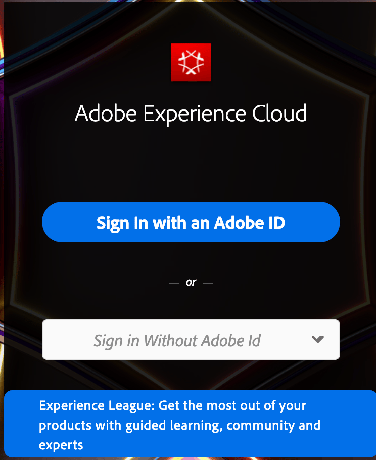 屏幕截图显示Adobe Experience Cloud登录窗口，其中显示了使用或不使用您的Adobe ID登录的选项