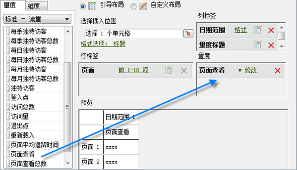 显示“请求向导：第2步”的屏幕截图，其中包含从量度列表指向所需页面查看部分的箭头。