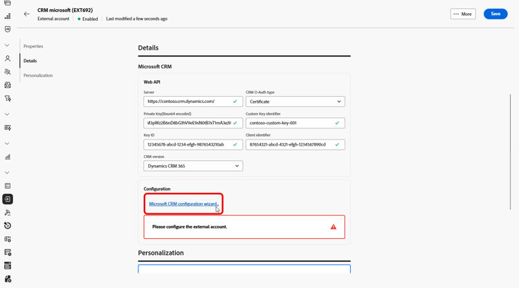 显示Microsoft Dynamics CRM外部帐户配置字段的屏幕截图。