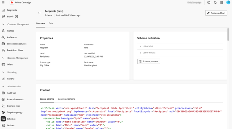 架构详细信息屏幕，显示架构属性和内容