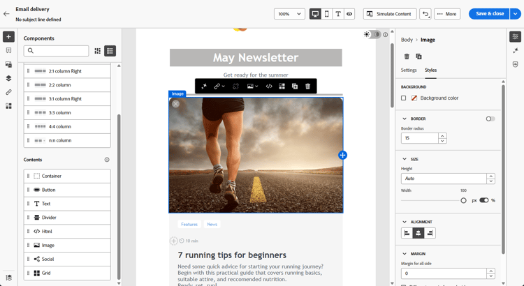 显示Email Designer中图像组件的“设置”选项卡的屏幕截图。