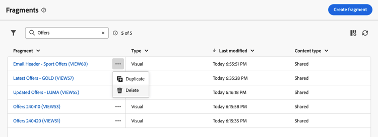 删除片段列表中的选项