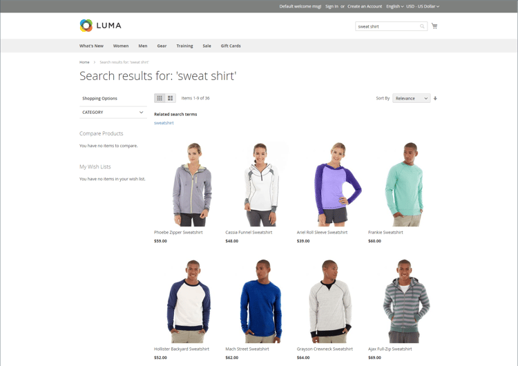 店面示例 — 具有同义词的搜索结果