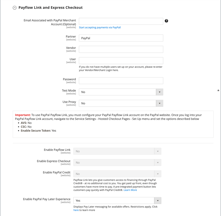 必需的PayPal设置 — PayPal Payflow链接