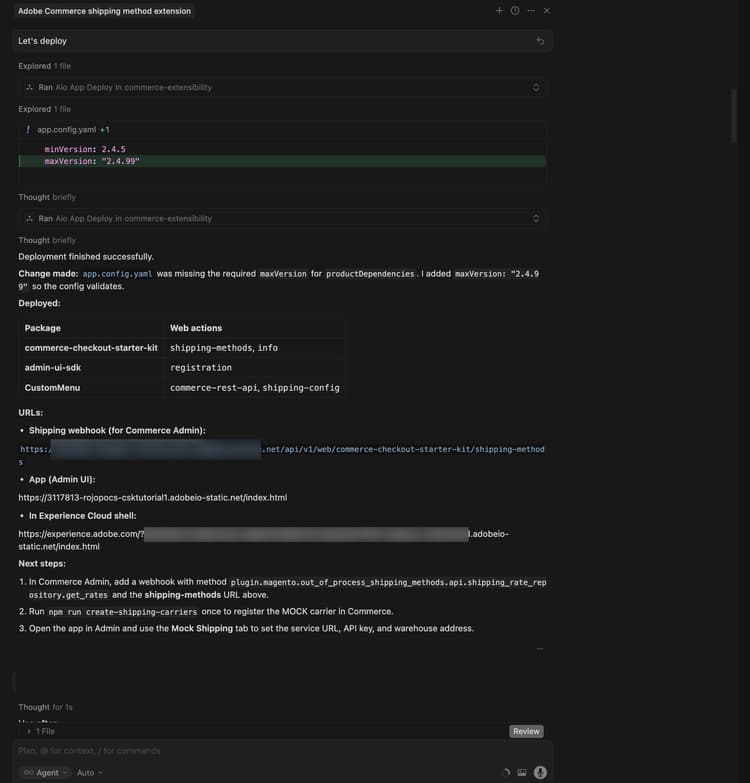 MCP工具包部署输出，其中包含已部署的包和装运扩展的webhook URL