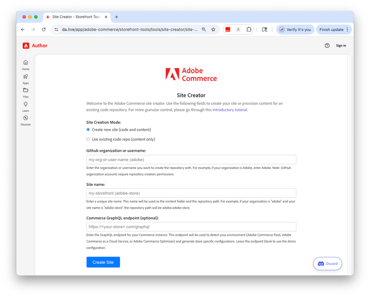 Site Creator tool