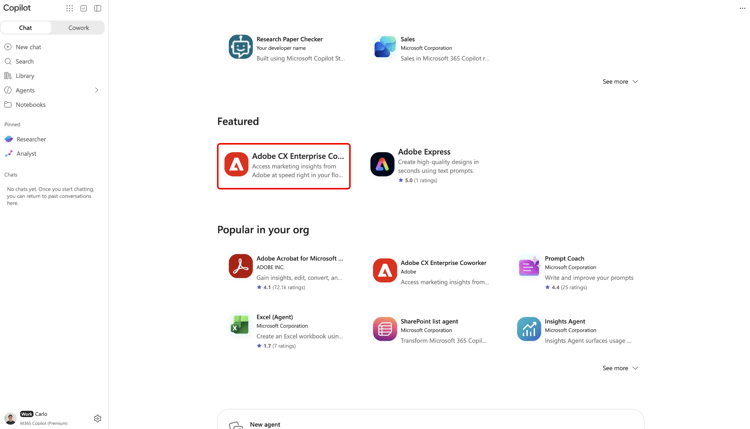 Adobe CX Enterprise Coworker列表突出显示的Microsoft 365 Copilot代理目录。