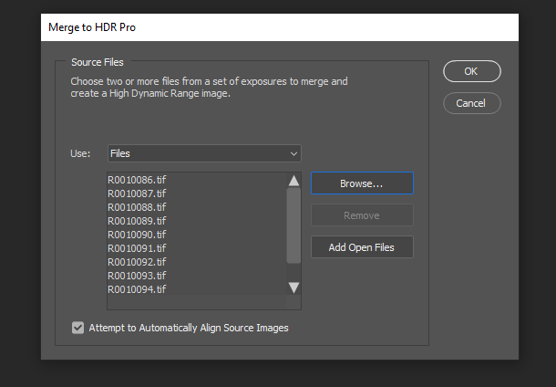 Adobe Photoshop中的“合并到HDR Pro”文件选择菜单