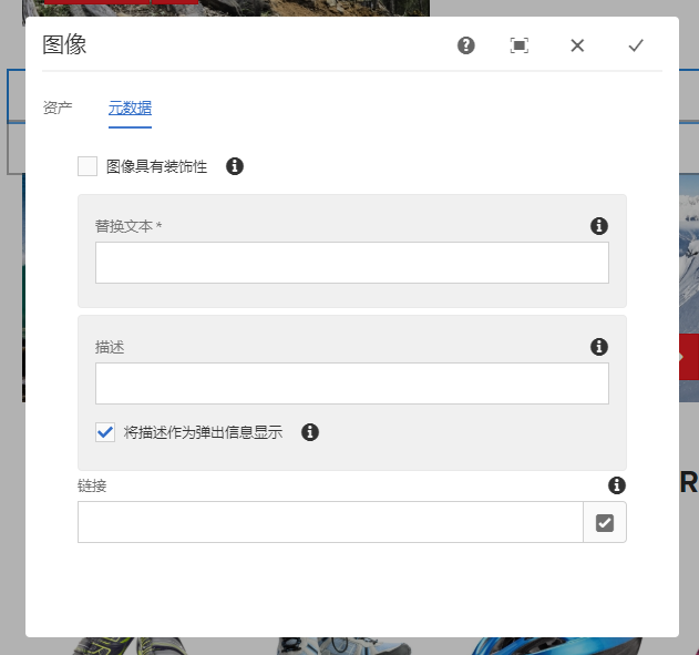 触屏优化UI中图像组件的编辑对话框；显示替换文本字段。