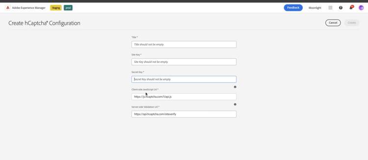 配置Cloud Service以使用hCaptcha连接AEM Forms环境®