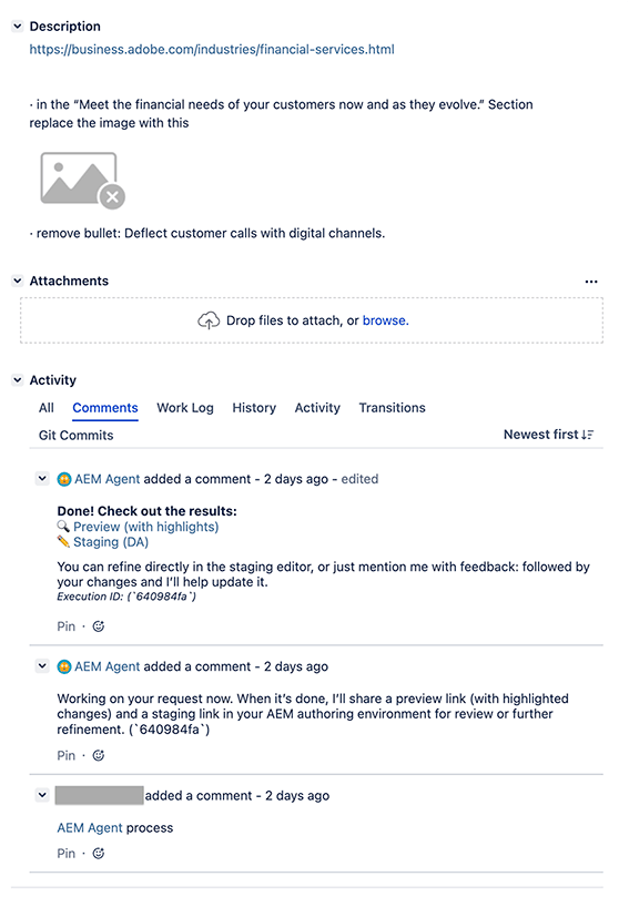 使用Experience Production Agent的内容更新技能的示例Jira