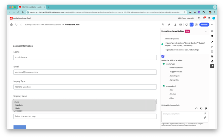 在Forms Experience Builder中添加了使用自然语言提示的下拉组件