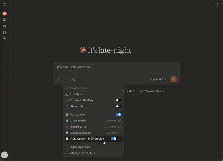 正在提示Claude使用AEM内容MCP服务。