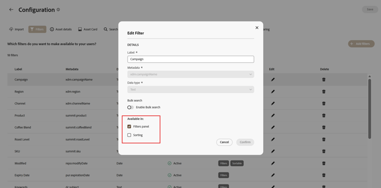 在Content Hub上配置排序过滤器面板