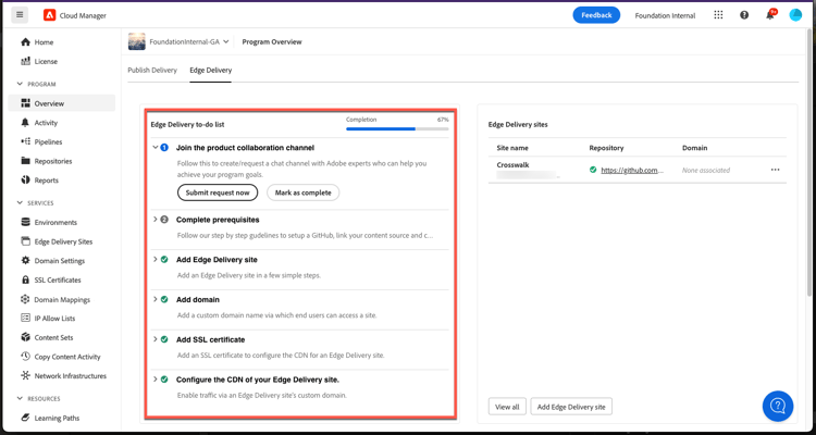 Cloud Manager 中的 Edge Delivery Site 待办事项列表