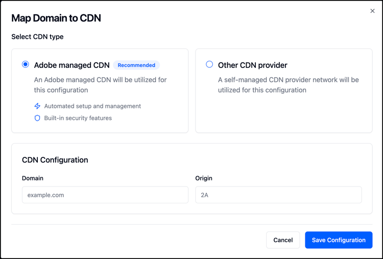 “将域映射到 CDN”对话框，其中“Adobe 托管的 CDN”单选按钮已被选中