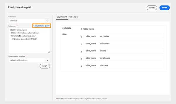 插入内容片段对话框