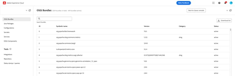 AEM Developer Console 中的 OSGi 捆绑包屏幕