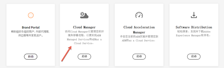 Cloud Manager的四个区域 — Brand Portal、Cloud Manager、Cloud Acceleration Manager和Software Distribution — 每个区域均显示自己的Launch按钮。