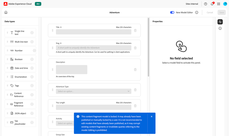 编辑 – 锁定的内容片段模型