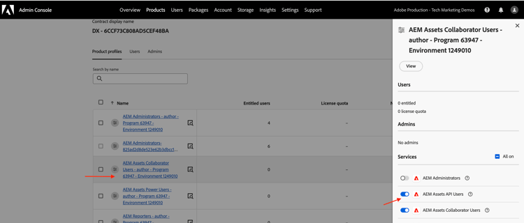 将AEM Assets API Users服务与产品配置文件关联