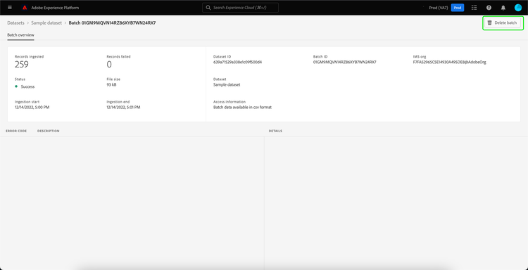 数据集详细信息页面上突出显示了“删除批处理”按钮。