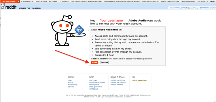 Reddit OAuth权限屏幕。