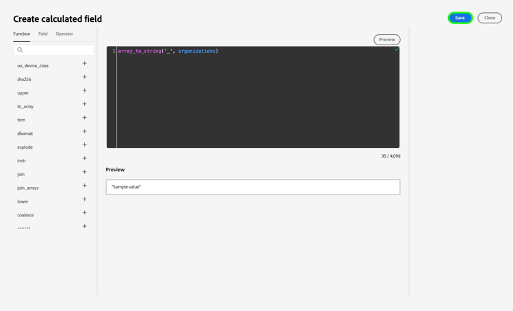 选定了array-to-string函数且突出显示Save控件的计算字段功能的模式窗口。